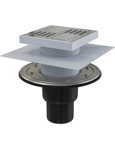 Alcaplast Kratka ściekowa 150x150/50/75 mm, odpływ pionowy, kratka i kołnierz nierdzewny, syfon mokro-suchy, APV4444