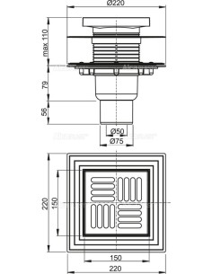 Alcaplast Kratka ściekowa 150x150/50/75 mm, odpływ pionowy, kratka i kołnierz nierdzewny, syfon mokro-suchy, APV4444 2