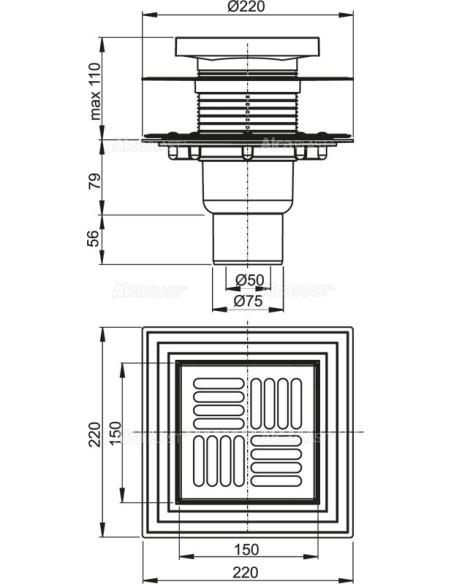 Alcaplast Kratka ściekowa 150x150/50/75 mm, odpływ pionowy, kratka i kołnierz nierdzewny, syfon mokro-suchy, APV4444