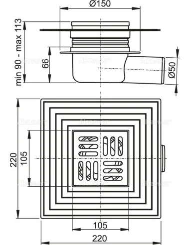Alcaplast Kratka ściekowa 105 × 105/50 odpływ boczny, kratka nierdzewna APV26C