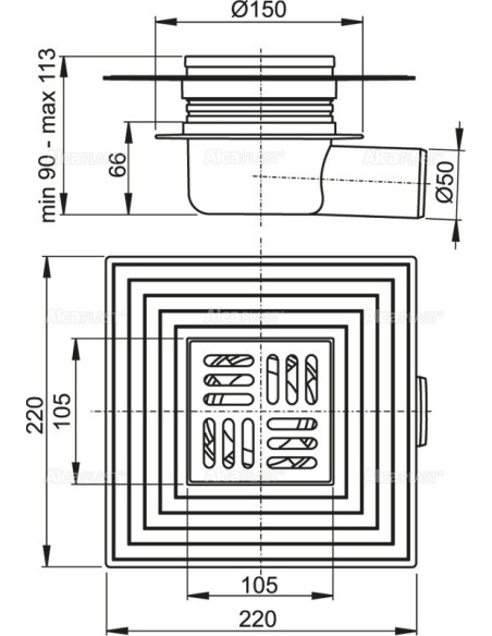 Alcaplast Kratka ściekowa 105 × 105/50 odpływ boczny, kratka nierdzewna APV26C