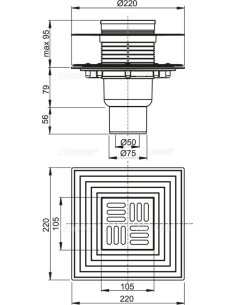 Alcaplast Kratka ściekowa 105x105/50/75 mm, odpływ pionowy, kratka i kołnierz nierdzewny, kombinowany syfon SMART, APV2324 2