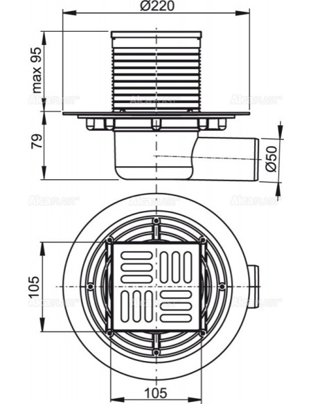 Alcaplast Kratka ściekowa 105 × 105/50 odpływ boczny, kratka nierdzewna, syfon SMART APV1321