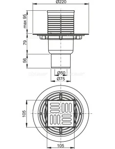 Alcaplast Kratka ściekowa 105 × 105/50/75 odpływ pionowy, kratka nierdzewna, syfon SMART APV2321 2