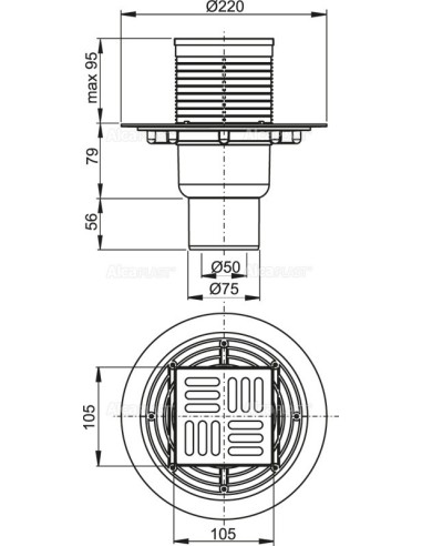 Alcaplast Kratka ściekowa 105 × 105/50/75 odpływ pionowy, kratka nierdzewna, syfon SMART APV2321
