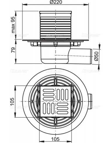 Alcaplast Kratka ściekowa 105 × 105/50 odpływ boczny, kratka nierdzewna, syfon mokry APV1311