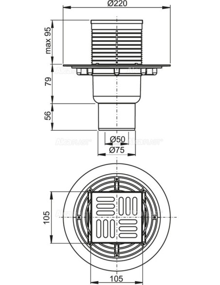 Alcaplast Kratka ściekowa 105 × 105/50/75 odpływ pionowy, kratka nierdzewna, syfon mokry APV2311