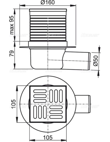 Alcaplast Kratka ściekowa 105 × 105/50 nierdzewna odpływ boczny z kombinowanym syfonem SMART APV31