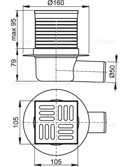 Alcaplast Kratka ściekowa 105 × 105/50 nierdzewna odpływ boczny z kombinowanym syfonem SMART APV31