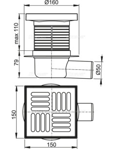 Alcaplast Kratka ściekowa 150 × 150/50 odpływ boczny, kratka nierdzewna, syfon mokry APV5411 2
