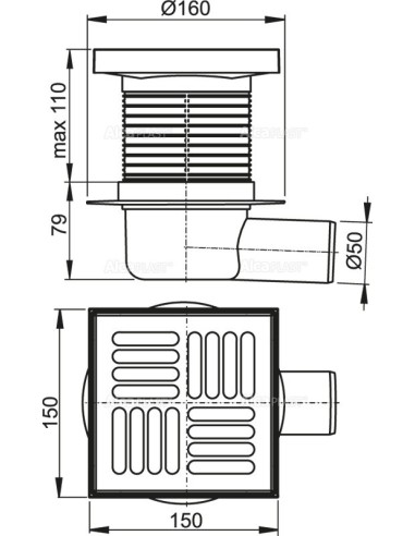 Alcaplast Kratka ściekowa 150 × 150/50 odpływ boczny, kratka nierdzewna, syfon mokry APV5411