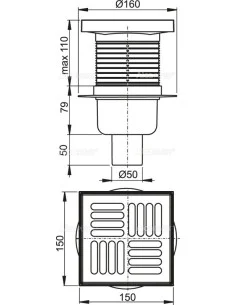 Alcaplast Kratka ściekowa 150 × 150/50 odpływ pionowy, kratka nierdzewna, syfon mokry APV6411 2