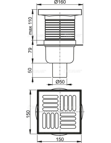 Alcaplast Kratka ściekowa 150 × 150/50 odpływ pionowy, kratka nierdzewna, syfon mokry APV6411