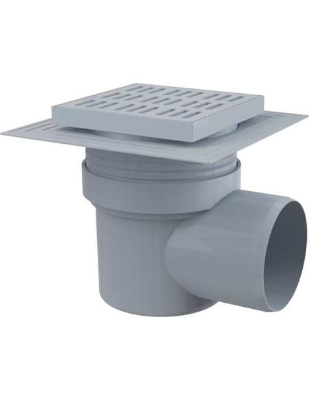 Alcaplast Kratka ściekowa 150 × 150/110 odpływ boczny, kratka szara, kołnierz, dwa poziomy izolacji, syfon mokry APV10