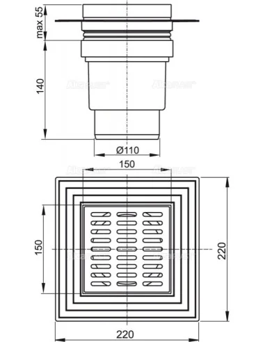Alcaplast Kratka ściekowa 150 × 150/110 odpływ pionowy, kratka szara, kołnierz, dwa poziomy izolacji, syfon mokry APV11