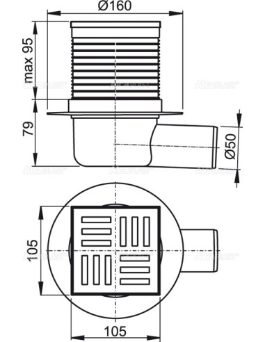 Alcaplast Kratka ściekowa 105 × 105/50 odpływ boczny, kratka szara, syfon mokry APV5111 Alcaplast Kratka ściekowa 105 × 105/50 odpływ boczny, kratka szara, syfon mokry APV5111