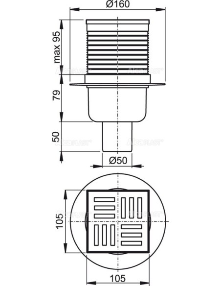 Alcaplast Kratka ściekowa 105 × 105/50 odpływ pionowy, kratka szara, syfon mokry APV6111