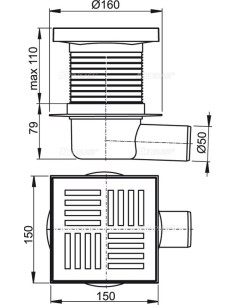 Alcaplast Kratka ściekowa 150x150/50 mm, odpływ boczny, kratka szara, syfon mokry, APV5211 2