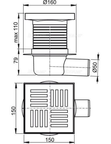 Alcaplast Kratka ściekowa 150x150/50 mm, odpływ boczny, kratka szara, syfon mokry, APV5211 Alcaplast Kratka ściekowa 150x150/50 mm, odpływ boczny, kratka szara, syfon mokry, APV5211