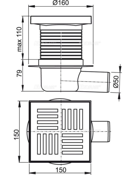 Alcaplast Kratka ściekowa 150x150/50 mm, odpływ boczny, kratka szara, syfon mokry, APV5211