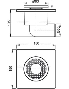 Alcaplast Kratka ściekowa 150 × 150/50 odpływ boczny, kratka szara, syfon mokry APV3 2