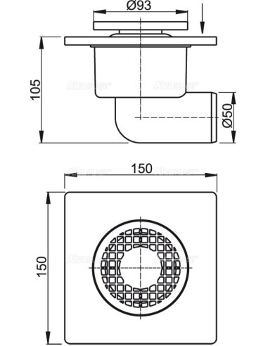 Alcaplast Kratka ściekowa 150 × 150/50 odpływ boczny, kratka szara, syfon mokry APV3 Alcaplast Kratka ściekowa 150 × 150/50 odpływ boczny, kratka szara, syfon mokry APV3