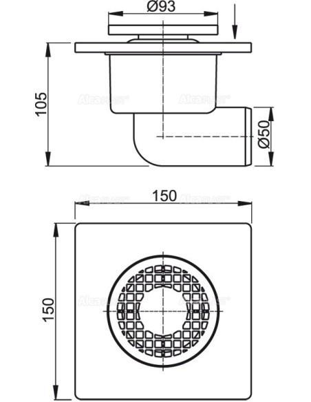 Alcaplast Kratka ściekowa 150 × 150/50 odpływ boczny, kratka szara, syfon mokry APV3