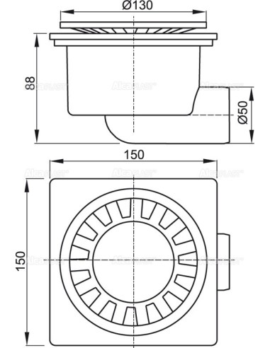 Alcaplast Kratka ściekowa 150 × 150/50 odpływ boczny, kratka biała, syfon mokry APV15 Alcaplast Kratka ściekowa 150 × 150/50 odpływ boczny, kratka biała, syfon mokry APV15