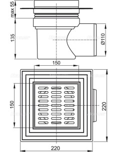 Alcaplast Kratka ściekowa 150x150/110 mm, odpływ boczny, kratka nierdzewna, dwa poziomy izolacji, syfon mokry, APV12 2