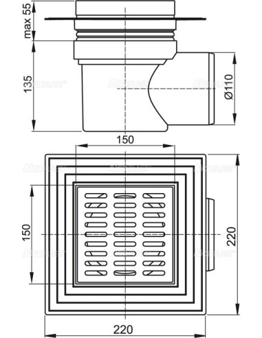 Alcaplast Kratka ściekowa 150x150/110 mm, odpływ boczny, kratka nierdzewna, dwa poziomy izolacji, syfon mokry, APV12