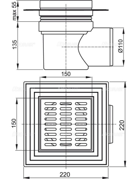 Alcaplast Kratka ściekowa 150x150/110 mm, odpływ boczny, kratka nierdzewna, dwa poziomy izolacji, syfon mokry, APV12