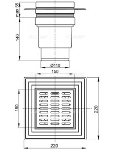 Alcaplast Kratka ściekowa 150 × 150/110 odpływ pionowy, nierdzewna z kołnierzem, dwa poziomy izolacji APV13 2