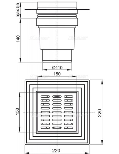 Alcaplast Kratka ściekowa 150 × 150/110 odpływ pionowy, nierdzewna z kołnierzem, dwa poziomy izolacji APV13