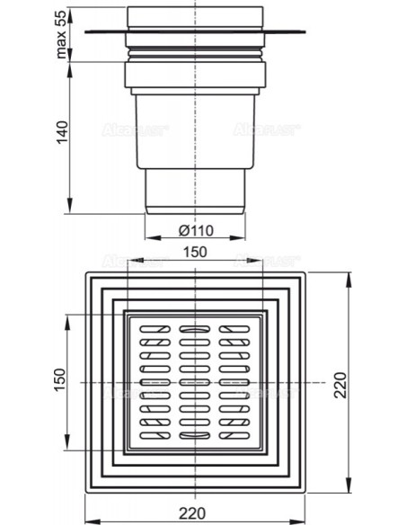 Alcaplast Kratka ściekowa 150 × 150/110 odpływ pionowy, nierdzewna z kołnierzem, dwa poziomy izolacji APV13