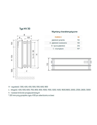 Grzejnik płytowy Purmo Ventil Hygiene HV30 300x400, dolne podłączenie