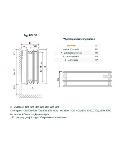 Grzejnik płytowy Purmo Ventil Hygiene HV30 300x400, dolne podłączenie