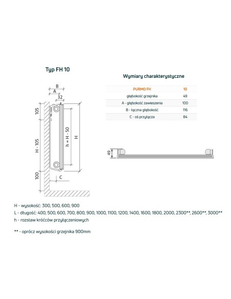 Grzejnik płytowy Purmo Plan Hygiene FH10 300x400, boczne podłączenie 