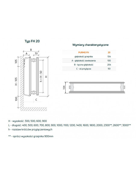 Grzejnik płytowy Purmo Plan Hygiene FH20 600x1000, boczne podłączenie 