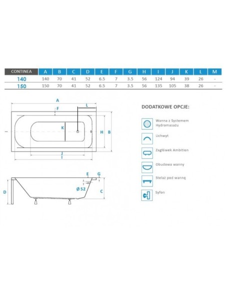 Wanna prostokątna 140x70 Continea PMD Piramida