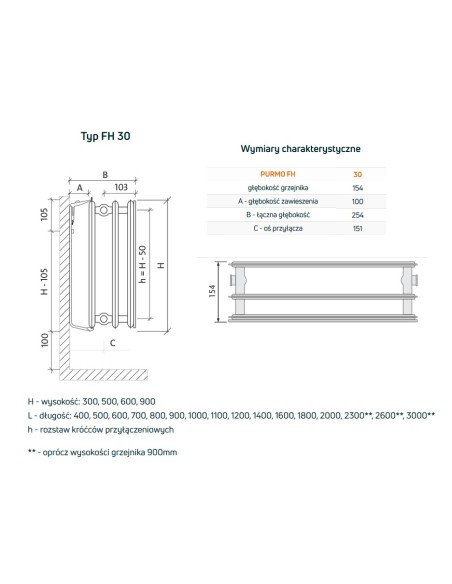 Grzejnik płytowy Purmo Plan Hygiene FH30 600x400, boczne podłączenie 