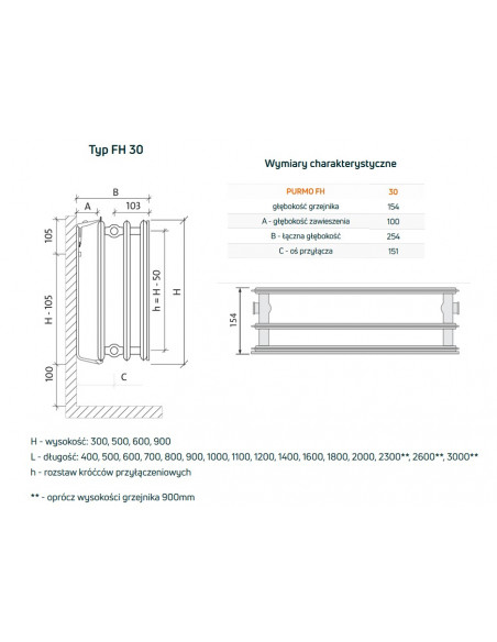 Grzejnik płytowy Purmo Plan Hygiene FH30 600x400, boczne podłączenie 
