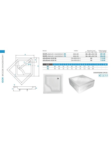 PMD Piramida Igor 80x80x24 brodzik kwadratowy głęboki z siedziskiem