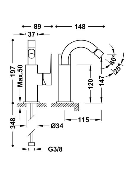 Bateria bidetowa TRES z korkiem automatycznym - CUADRO 00712001D