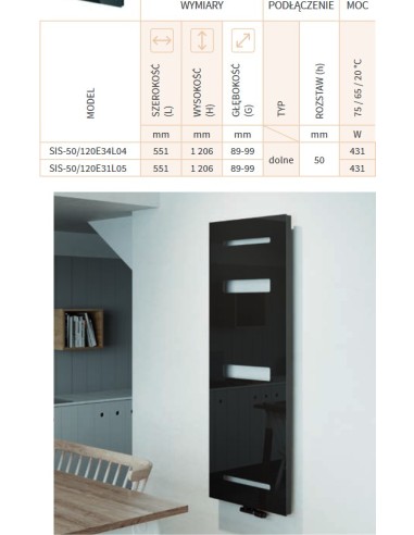 Grzejnik Instal Projekt Sis 551x1206 SIS-50/120E31L05 szkło czarne