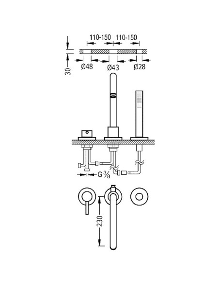 Bateria jednouchwytowa wannowa trzyotworowa TRES - STUDY 26215001