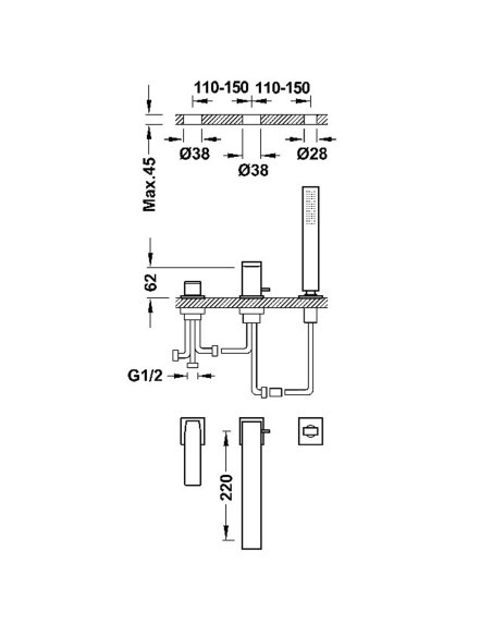 Bateria wannowa trzyotworowa TRES-SLIM, 20216101