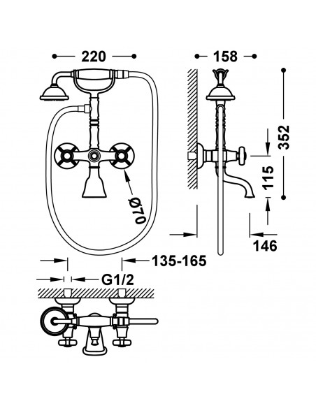 Bateria dwuuchwytowa wannowa ścienna TRES - Clasic 24217601