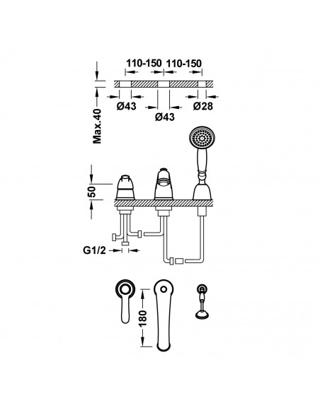 Bateria jednouchwytowa wannowa trzyotworowa TRES - Clasic 24214501