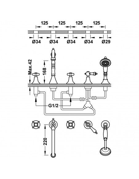 Bateria dwuuchwytowa wannowa z montażem na krawędzi wanny TRES - Clasic 24214601