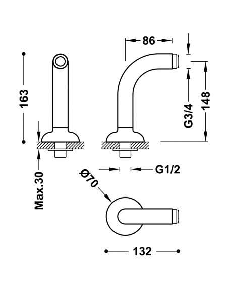 Kolankowe ujęcia wody do montażu na brzegu wanny do baterii wannowej TRES - Clasic 24287101
